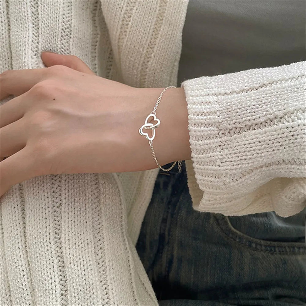 Silver Color Double Interlocking Small Hearts Bracelet Bangle For Women Fine Fashion Jewelry Wedding Party Gift