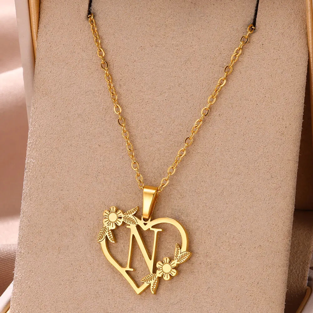 Gold Color Dainty Flower Initials Necklace Women Girl Stainless Steel Heart Letter Choker Necklace Best Gifts Alphabet Jewelry-Dollar Bargains Online Shopping Australia