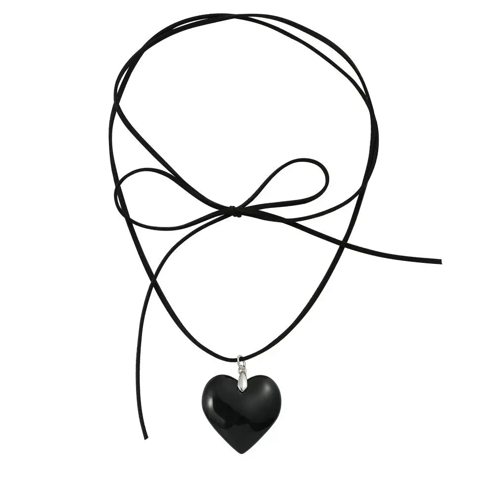 Goth Black Velvet Big Heart Pendant Choker Necklace for Women Elegant Weave Knotted Bowknot Adjustable Chain-Dollar Bargains Online Shopping Australia