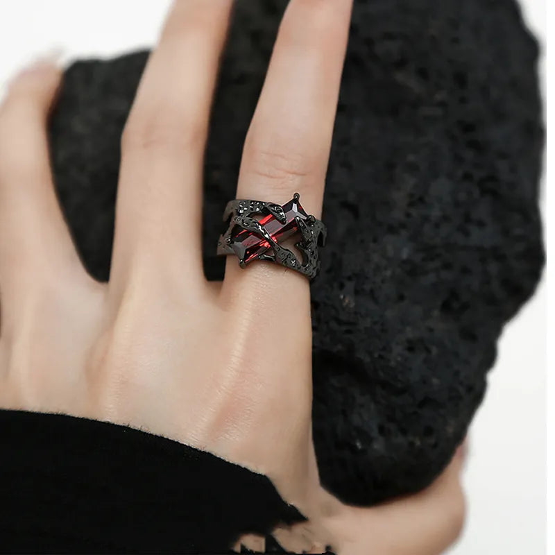 Punk Black Rings Thorns Vine Twine Red Rhinestones Hollow Couple Finger Ring Women Men Jewelry Gift-Dollar Bargains Online Shopping Australia