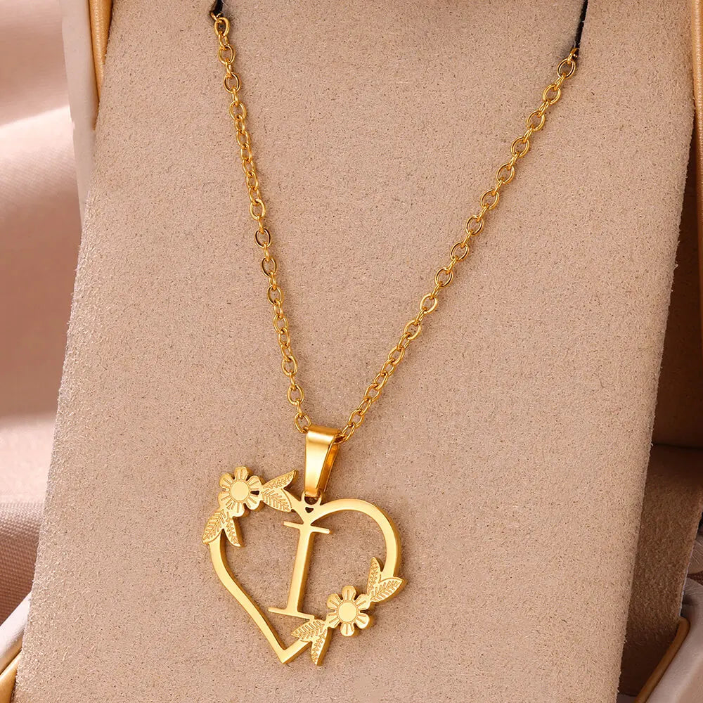 Gold Color Dainty Flower Initials Necklace Women Girl Stainless Steel Heart Letter Choker Necklace Best Gifts Alphabet Jewelry-Dollar Bargains Online Shopping Australia