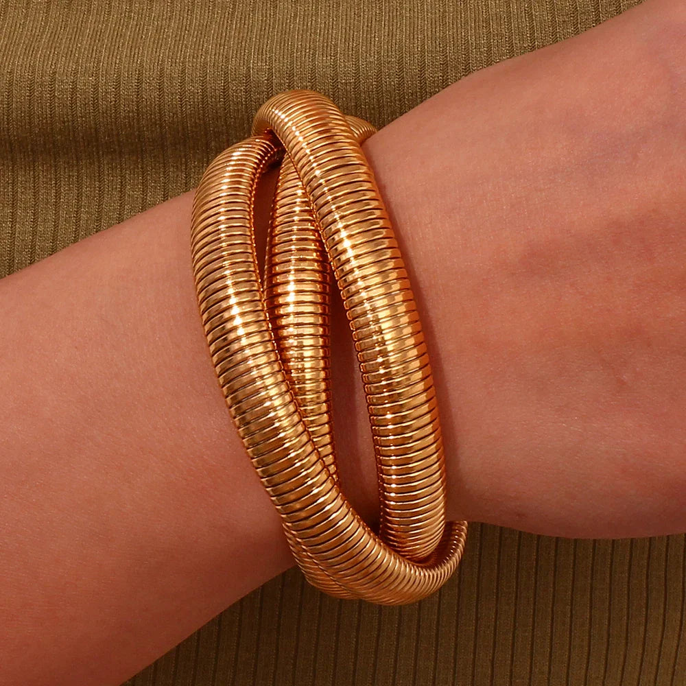 Stainless Steel PVD Gold Plated Mixed Popular 3 Layers Wrapped Bracelets Bangles For Women Elastic Chain Bangle