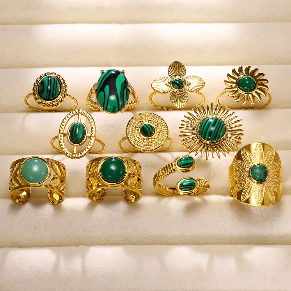 Stainless Steel Green Natural Stone Rings For Women Vintage Trend Punk Jewelry 18K Gold Color Opening Ring Christmas Gift New-Dollar Bargains Online Shopping Australia
