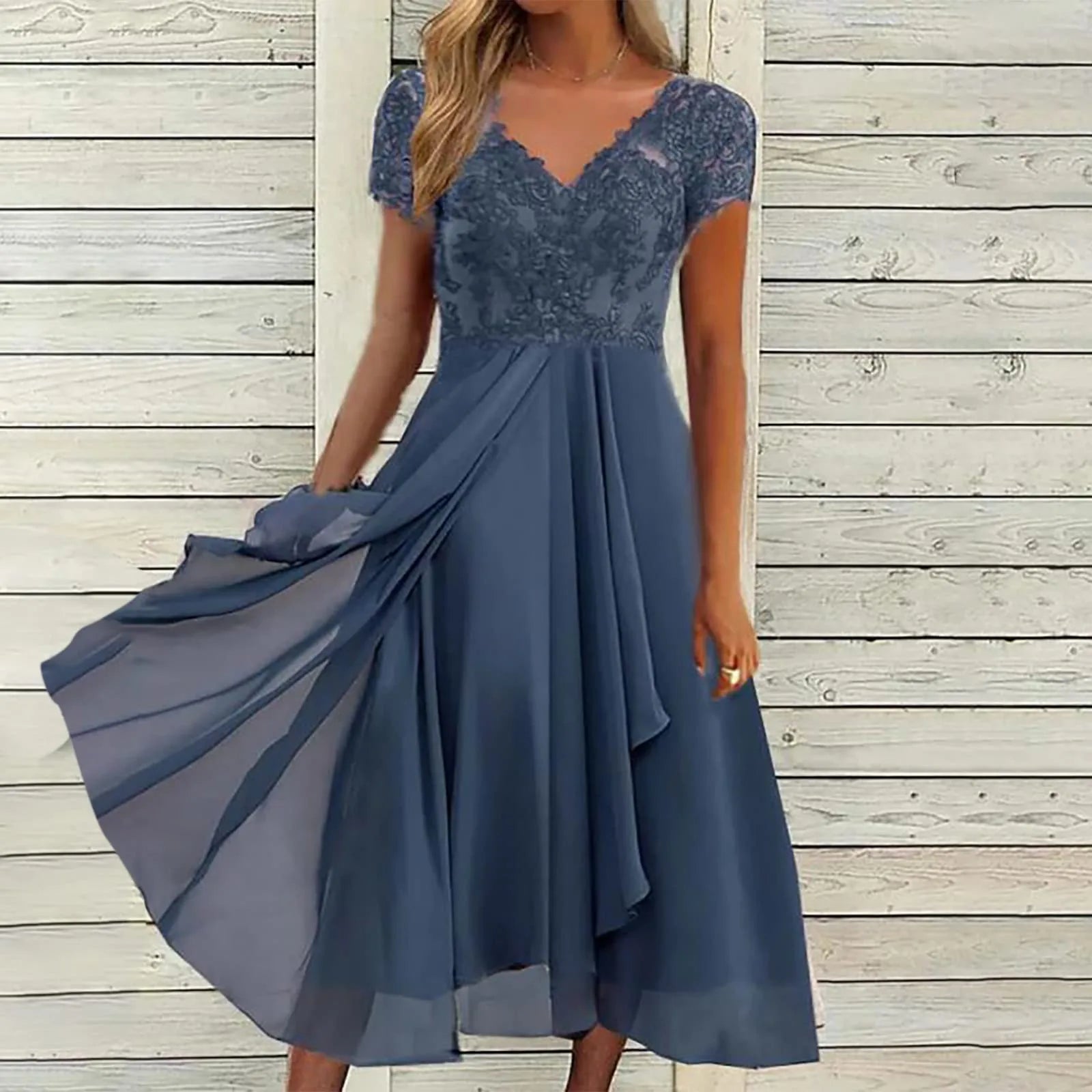 Dresses Women Elegant Lace Chiffon Flowy Dress Evening Party Gown V Neck Short Sleeve Lace Chiffon Dress