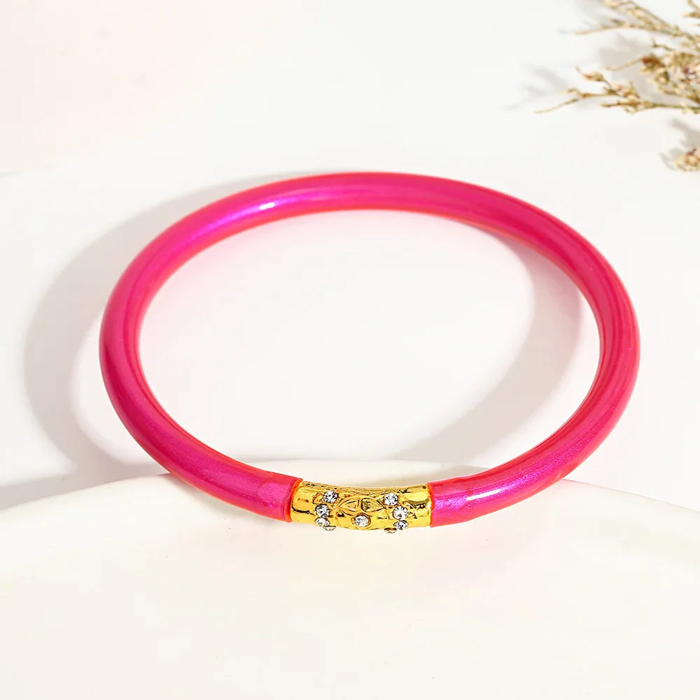 Inlaid Rhinestone Metal Buckle Silicone Bracelet for Women Buddhist Rush Temple Glitter Filled Jelly Lightweight Bangles-Dollar Bargains Online Shopping Australia