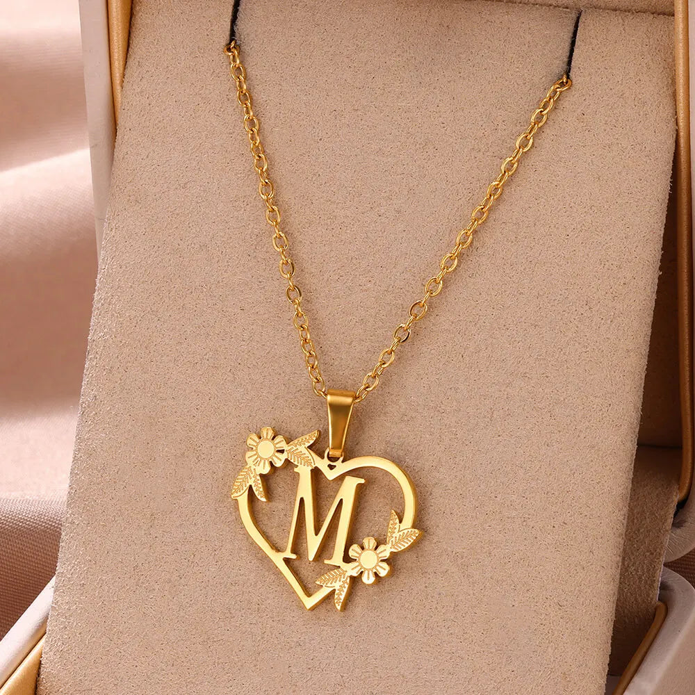 Gold Color Dainty Flower Initials Necklace Women Girl Stainless Steel Heart Letter Choker Necklace Best Gifts Alphabet Jewelry-Dollar Bargains Online Shopping Australia