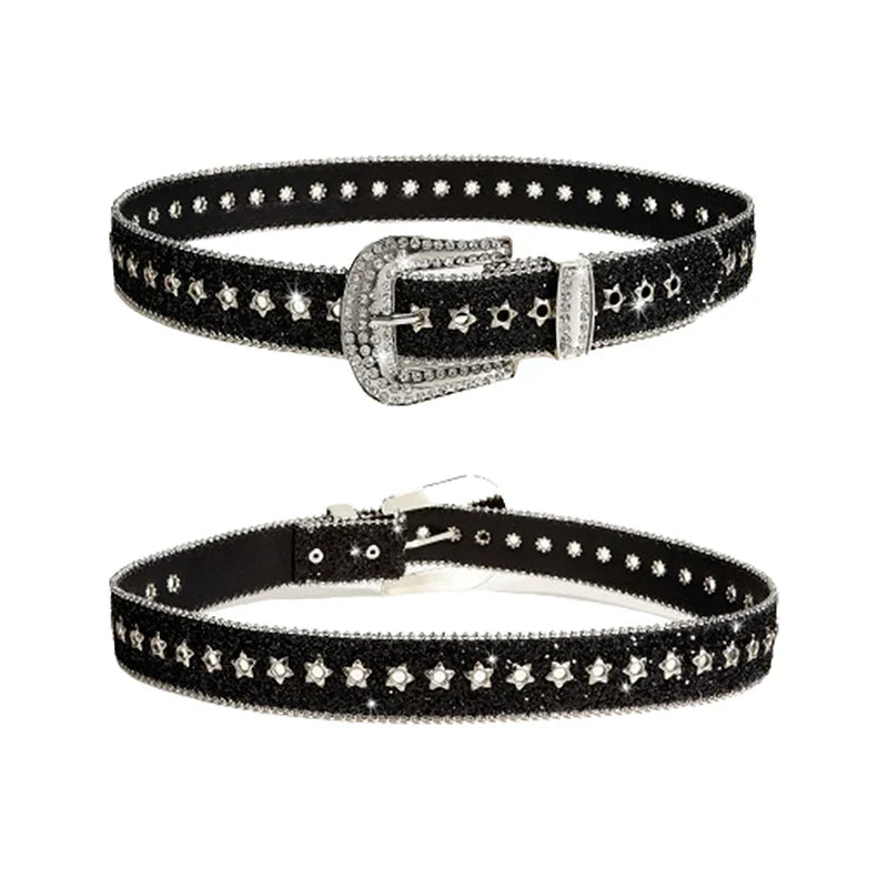 Y2K Rhinestones Buckle Belt Punk Star Hole Waist Strap Gothic Fashion Personality Belt For Cowgirl Skirt Waistband For Women Men