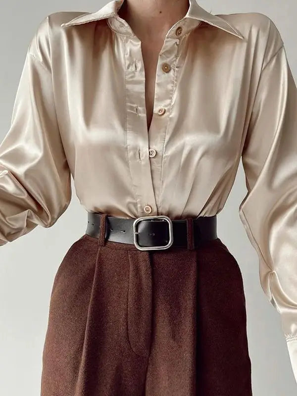 Autumn Shirt Women's Polo Collar Office Lady blouse Vintage Blue Green Shirt Loose Button Up Down Shirts Black Fashion Tops-Dollar Bargains Online Shopping Australia