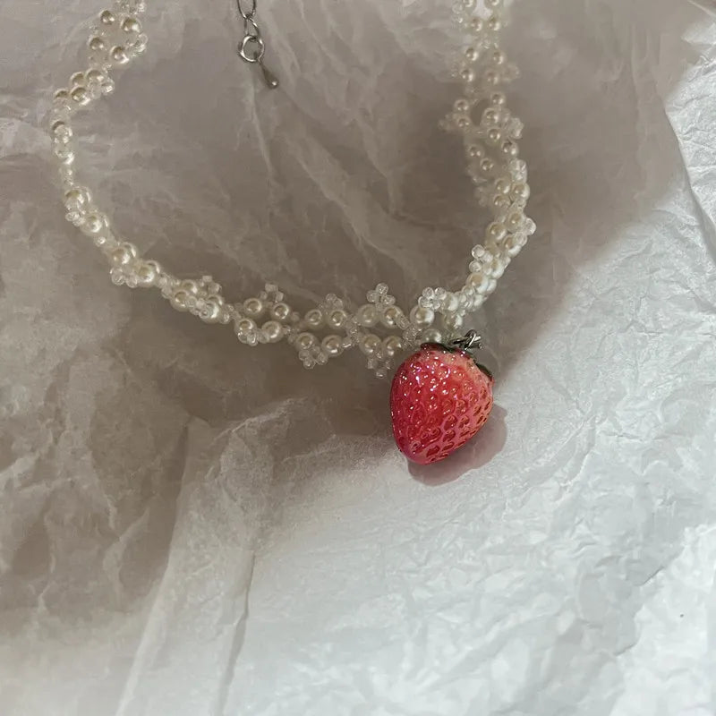 Handmade love necklace sweet romantic pearl strawberry pendant necklace lovely necklace cute necklace necklace for women y2k