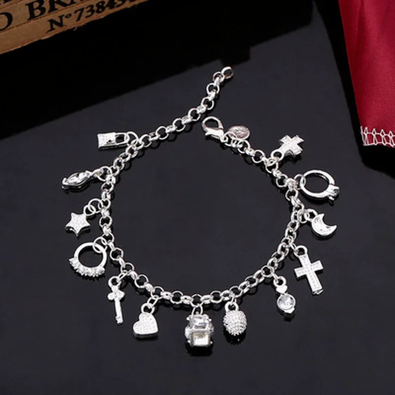 Sterling Silver Fashion 13pcs Pendant Chain Charm Bracelet for Women for Teen Girls Lady Gift Women Fine Jewelry