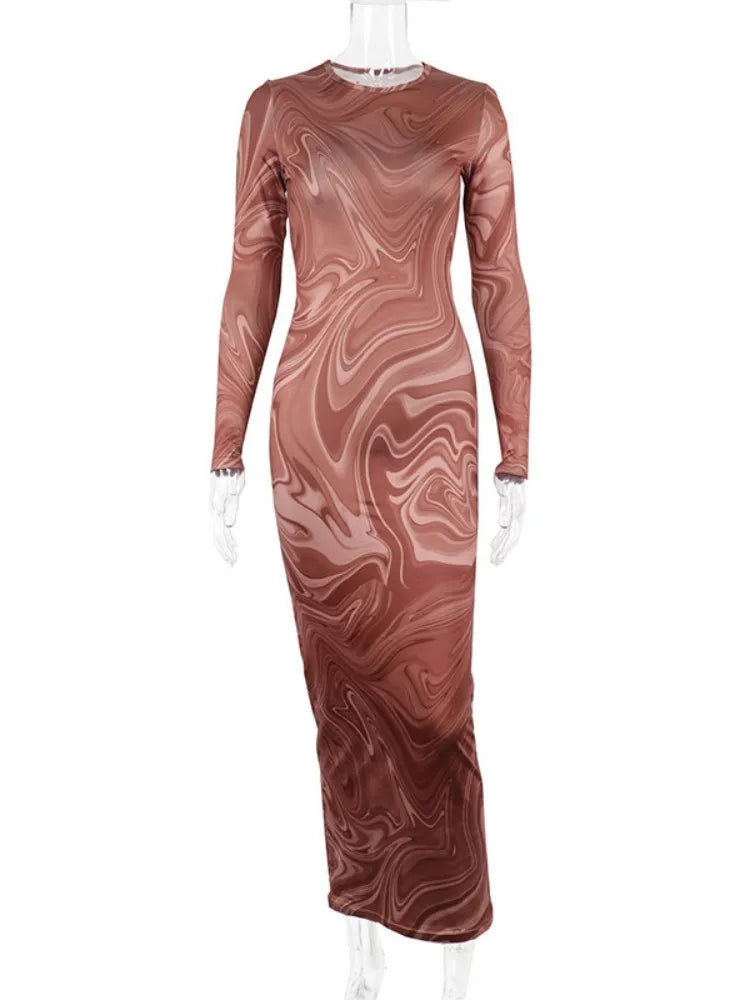 Long Sleeve Bodycon Dresses For Women Evening Party Clothes O-neck Mid Calf Sexy