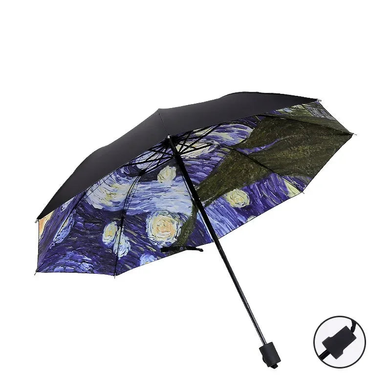 Folding Umbrella Female Windbreak Van Gogh Oil Painting Umbrella Rain Female Quality Black Coated Sunshade Umbrella