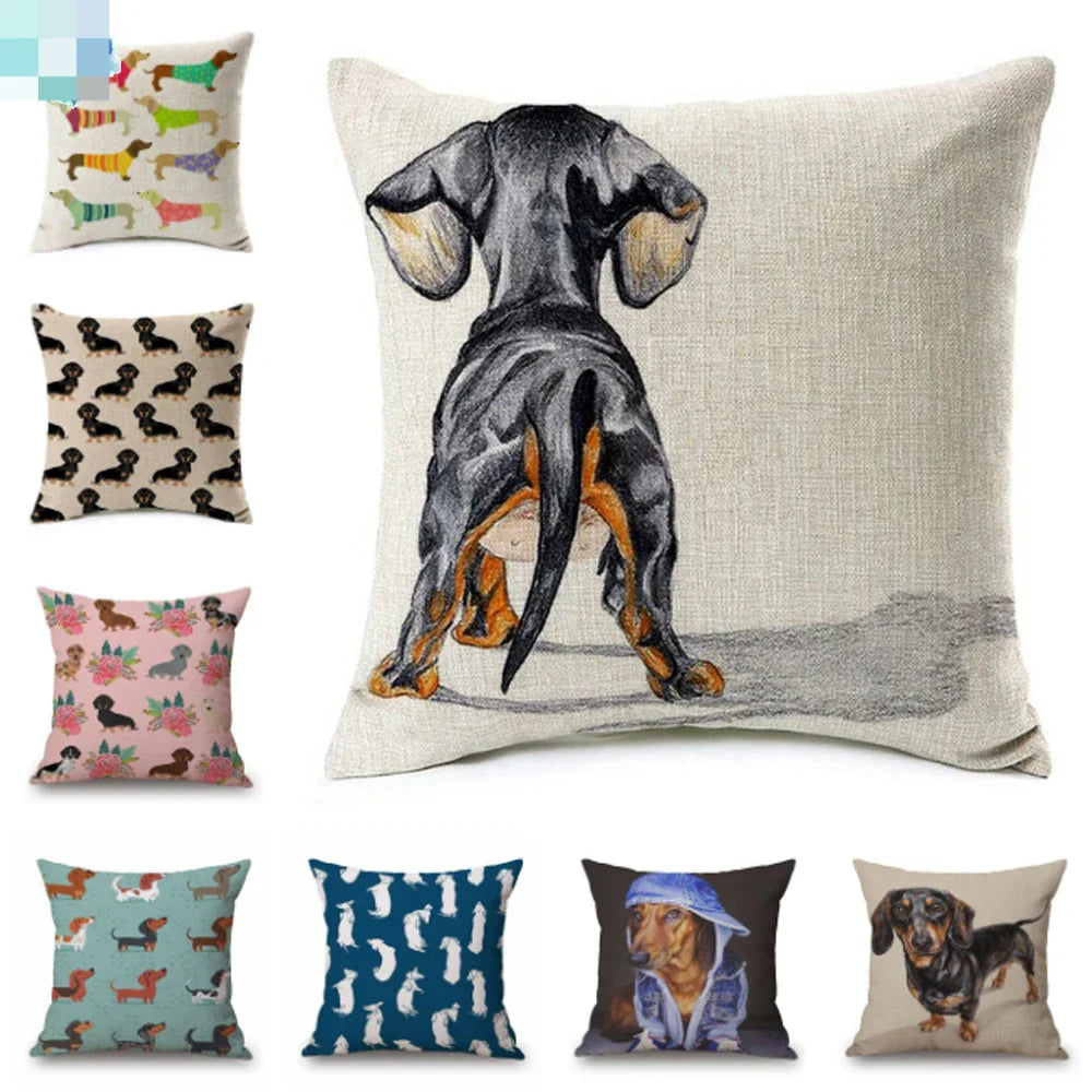 Dachshund Dog Cushion Covers Sausage Dog Painting Cotton Linen Decorative Pillow Covers Bedroom Sofa Home Decoration