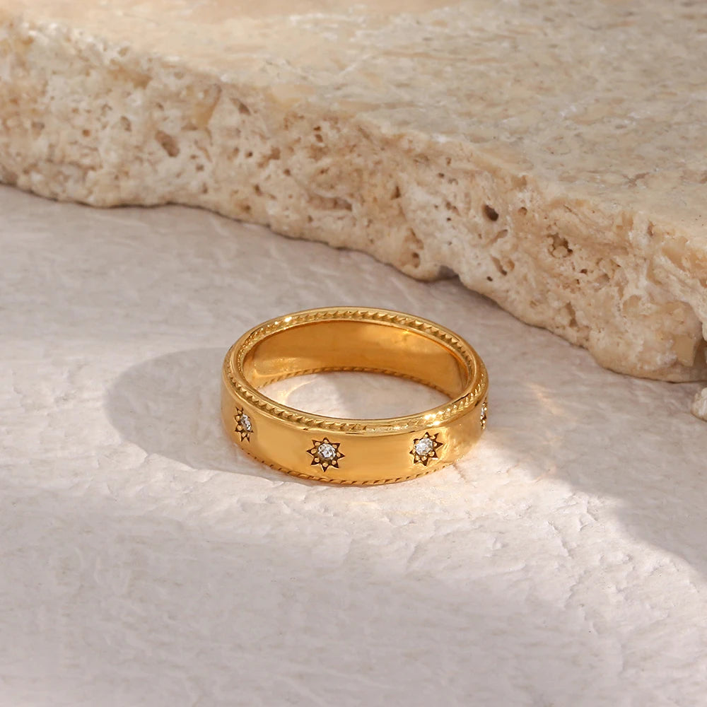 Steel Women 18K Gold Plated Waterproof Clear Crystal Zircon Star Gold Rings For Women-Dollar Bargains Online Shopping Australia