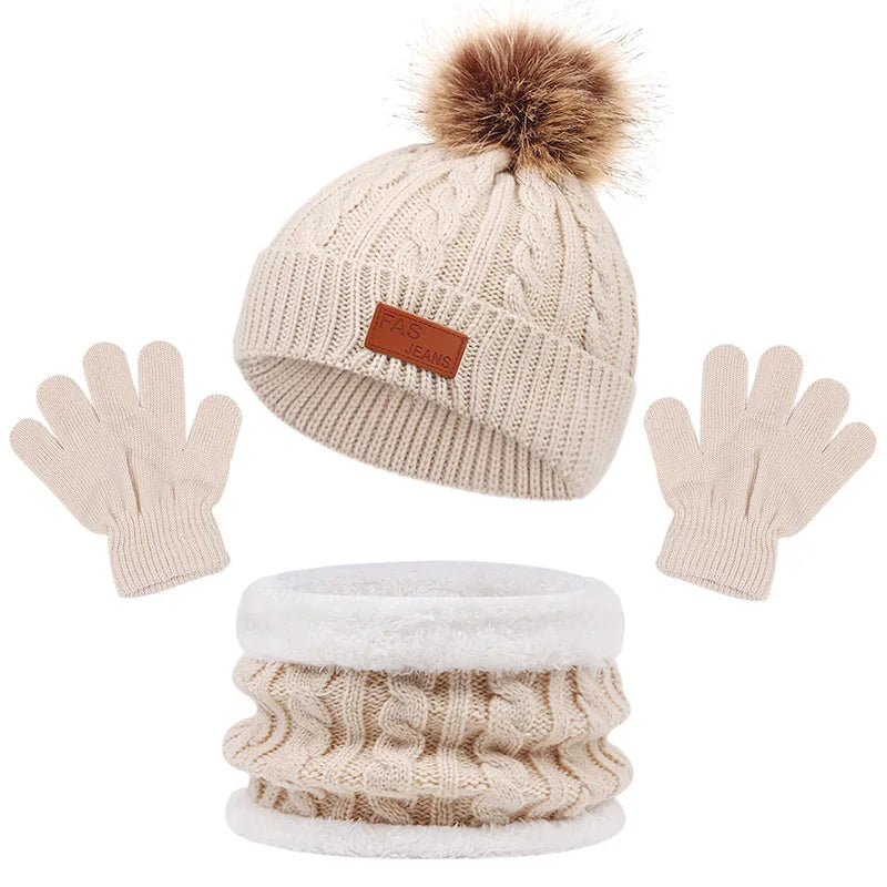 Children Winter Warm Suits Knitted Hat Scarf and Gloves Set For Girls Boy Pompoms Baby Beanies Cap Christmas Gifts For Kids 1-5y-Dollar Bargains Online Shopping Australia