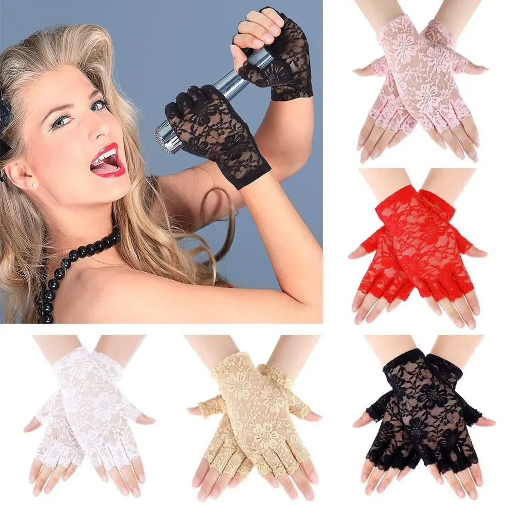 Women Sexy Dressy Lace Gloves Sunscreen Short Gloves Fingerless Lace Driving Gloves Summer Mittens Wedding Accessories