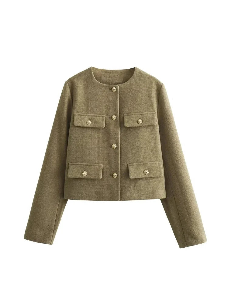Flap Pocket Crop Jacket Women Vintage O Neck Long Sleeve Versatile Female Blazer-Dollar Bargains Online Shopping Australia