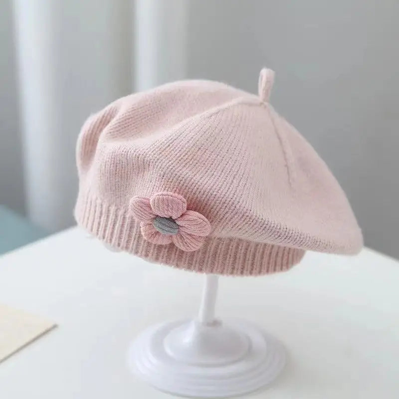 Flower Baby Beret Hat Solid Color Winter Warm Knitted Beanie Cap For Infant Girl Korean Toddler Princess Artist Painter Cap-Dollar Bargains Online Shopping Australia