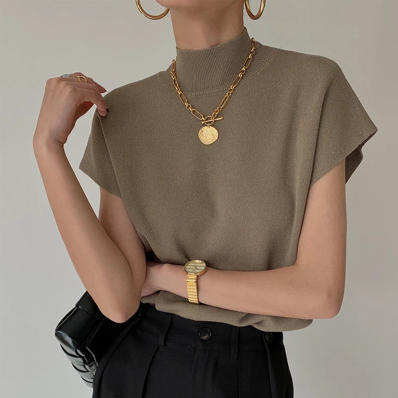 Fashion Vest Shirt Solid Stand-up Collar Knitted Sweater Short Sleeve Office Lady Loose Elegant All-Match Straight Tops 20397-Dollar Bargains Online Shopping Australia