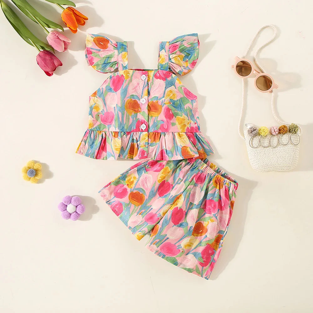 Baby Girl Flower Small Flying Sleeve Top And Shorts Set Cute Beach Set For Girls-Dollar Bargains Online Shopping Australia