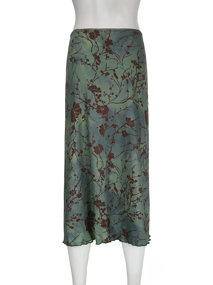 Vintage Long Skirt Green Floral Print Women Y2K High Street Grunge Fashion Elegant Mid-Calf Skirt
