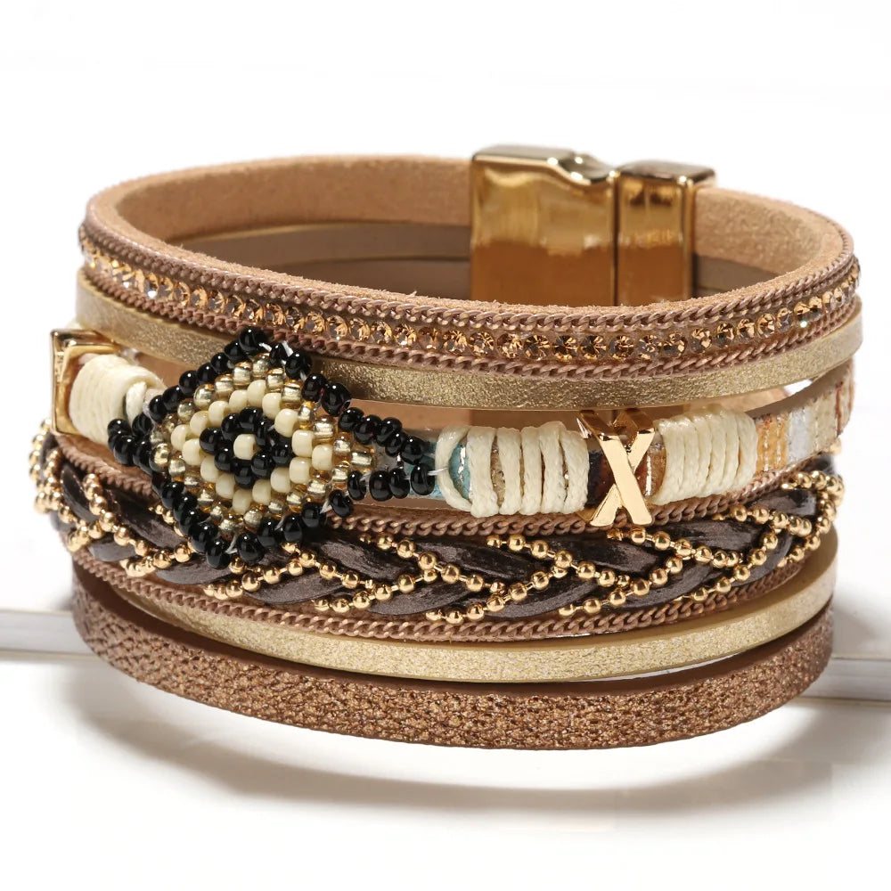 Multilayer Handwoven Leather Bracelet for Women Magnet Buckle Wide Bracelet Rice Bead Woven Devil's Eye Leather Bracelet-Dollar Bargains Online Shopping Australia