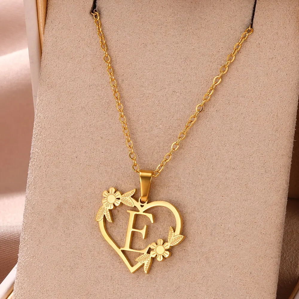 Gold Color Dainty Flower Initials Necklace Women Girl Stainless Steel Heart Letter Choker Necklace Best Gifts Alphabet Jewelry-Dollar Bargains Online Shopping Australia