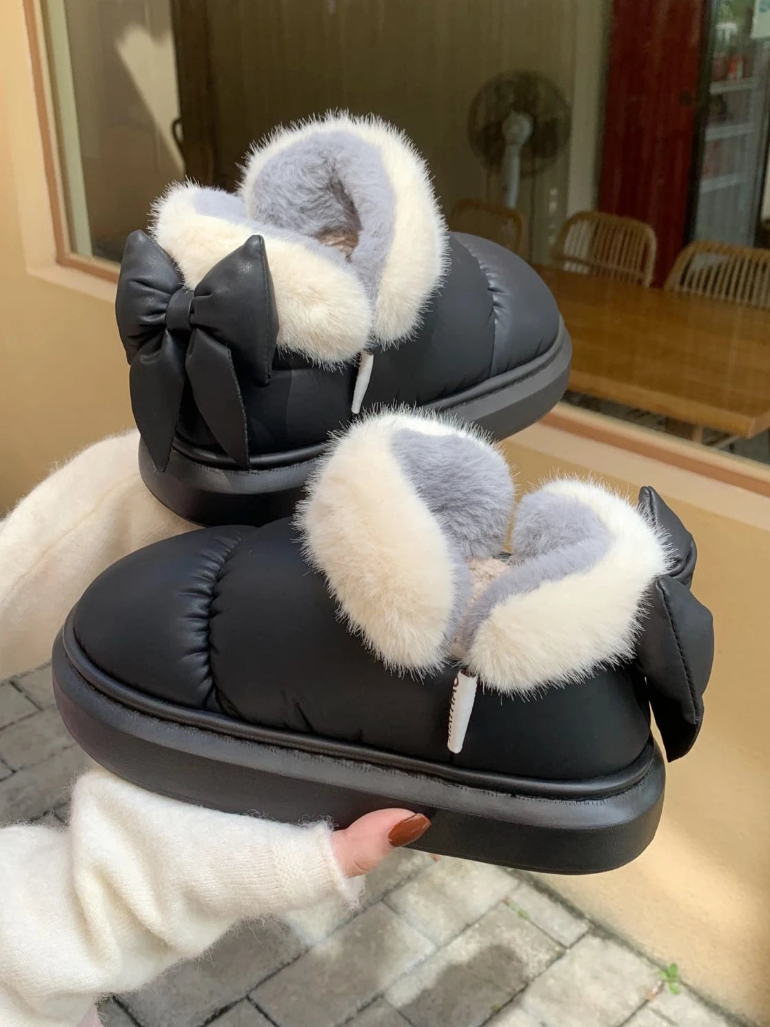 Bow Knot Short Ankle Snow Boots Women Winter Plush Waterproof PU Cotton Household Shoes Home Slipper Women-Dollar Bargains Online Shopping Australia