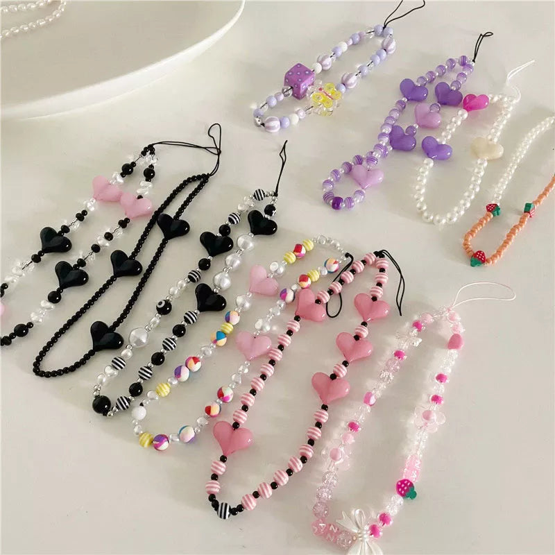 Charm Multicolor Resin Heart Bowknot Mobile Phone Chains for Women Girls Telephone Jewelry Strap Beaded Lanyard Hanging Cord-Dollar Bargains Online Shopping Australia