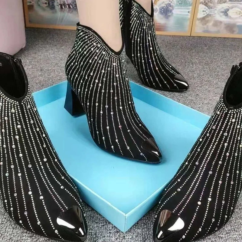Women Rhinestone Ankle Boots Shine Short Side Zip Pointed Toe shoes Black-Dollar Bargains Online Shopping Australia