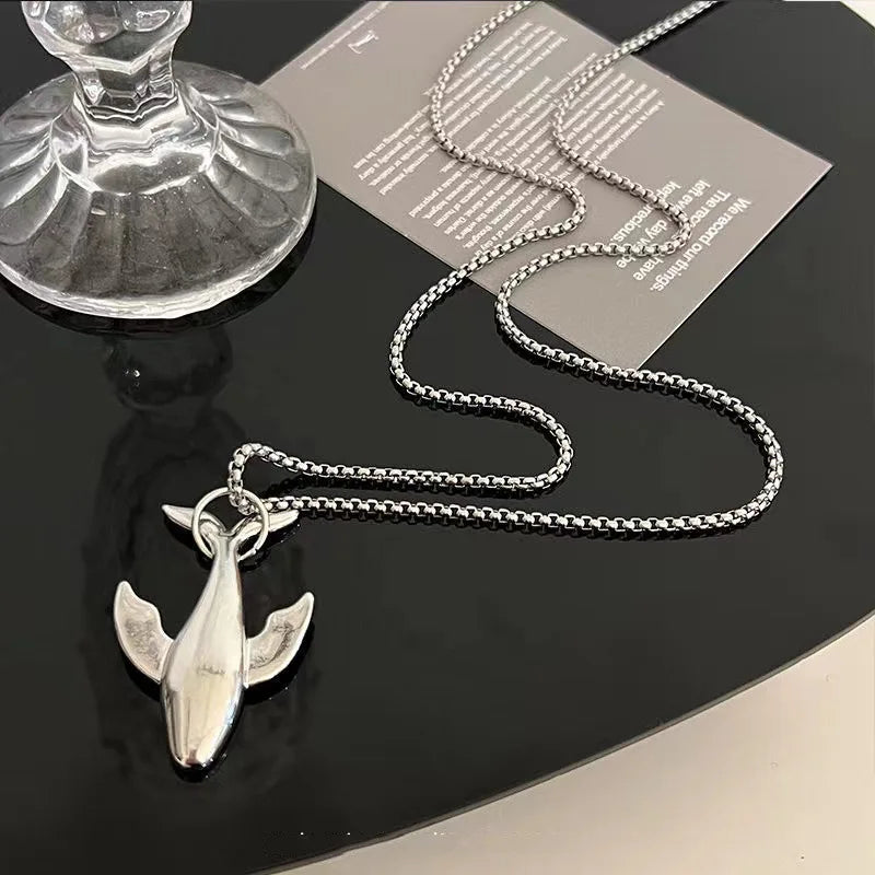 Fashion Trend Whale Stainless Steel Pendant Necklace for Men Exquisite Design Small Whale Cold Wind Long Sweater Chain-Dollar Bargains Online Shopping Australia