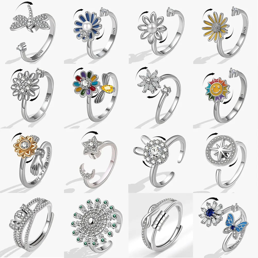 Fashion Butterfly Sunflower Rotating Anti Stress Rings For Women Crystal Anxiety Relief Spinning Ring Fidget Spinner