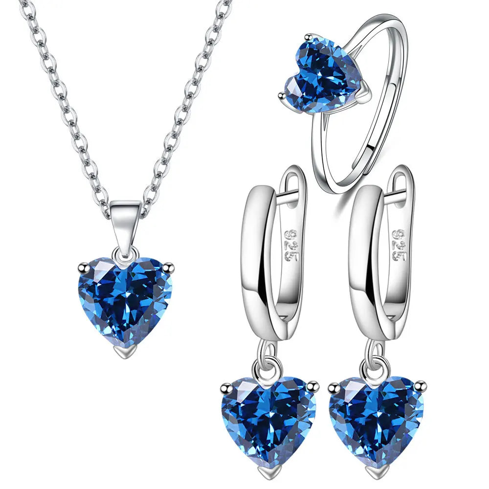 Sterling Silver jewellery Set Heart Zircon Ring Earrings Necklace Wedding Bridal Elegant-Dollar Bargains Online Shopping Australia