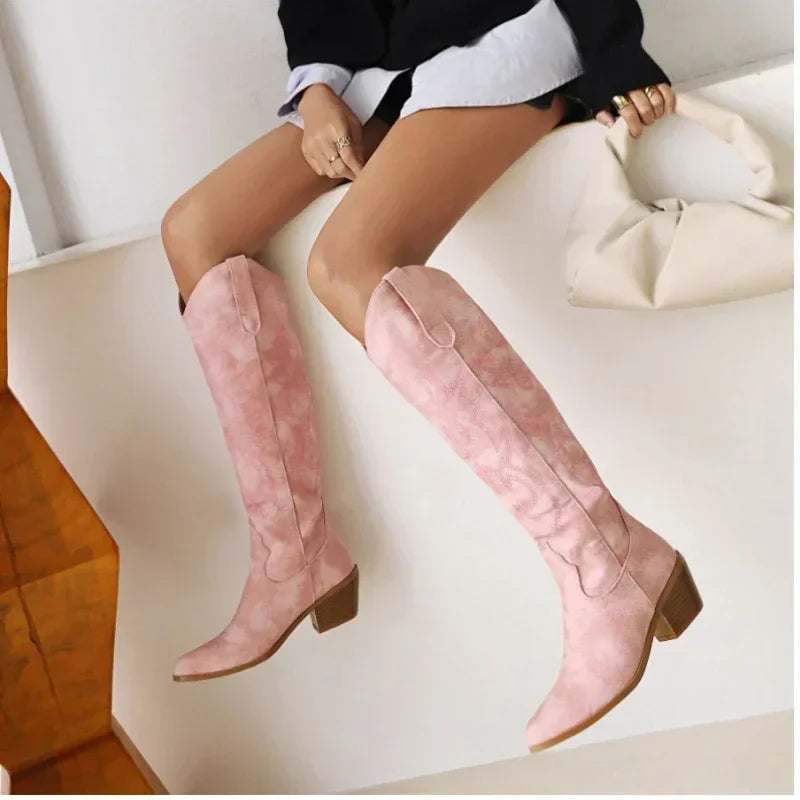 Pointed Toe Knight Boots for Women Brown PU Leather Knee High Boots Woman Autumn Winter Western Cowboy Long-Dollar Bargains Online Shopping Australia
