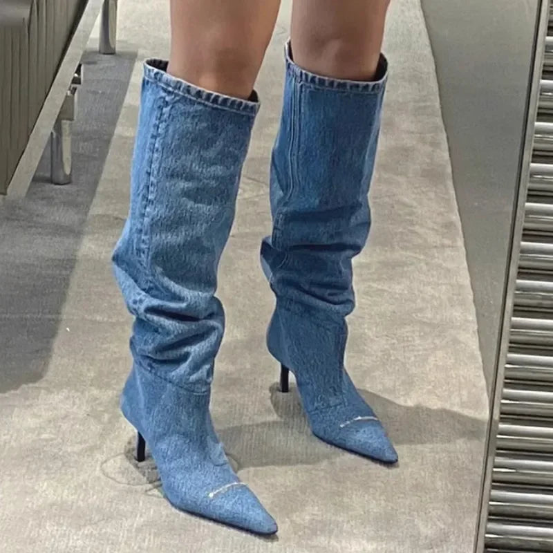 Cowboy Knee High Chelsea Boots Autumn Winter Pointed Toe Women Stilettos Shoes Gladiator Motorcycle-Dollar Bargains Online Shopping Australia