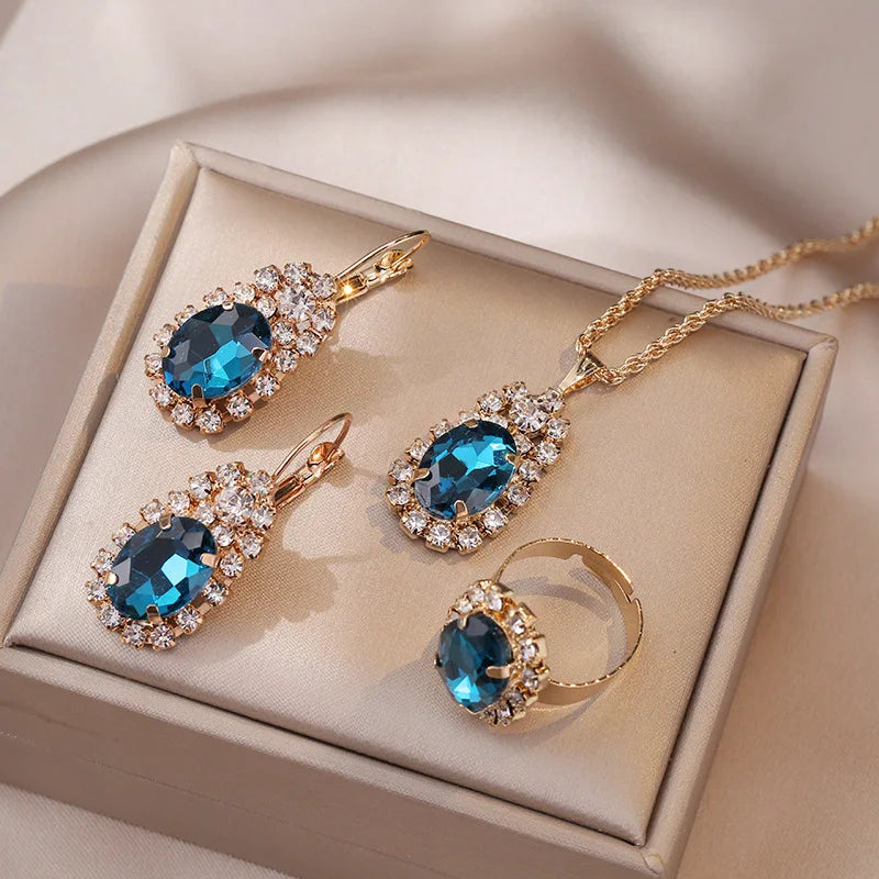 Crystal Ring Necklace Earrings Set Wedding Jewelry Sets For Brides Pendant Earrings For Girls Women African Jewelry Sets-Dollar Bargains Online Shopping Australia