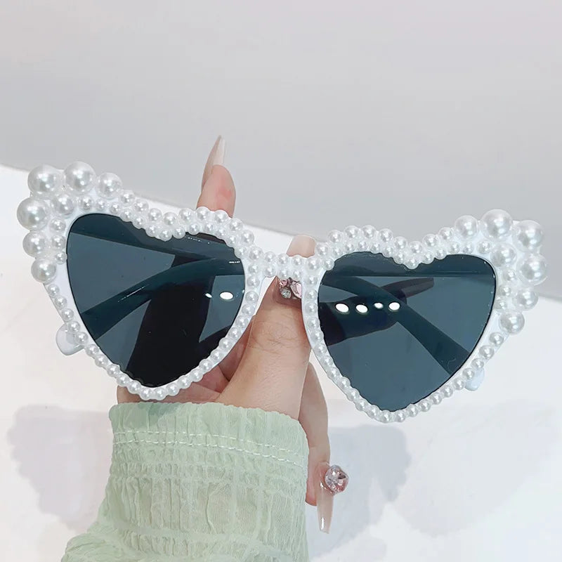 2024 Fashion Large Frame Pearl-set Sunglasses Heart Shape Personality UV400 Casual Black Just Married Sunglasses Bridesmaid Gift-Dollar Bargains Online Shopping Australia
