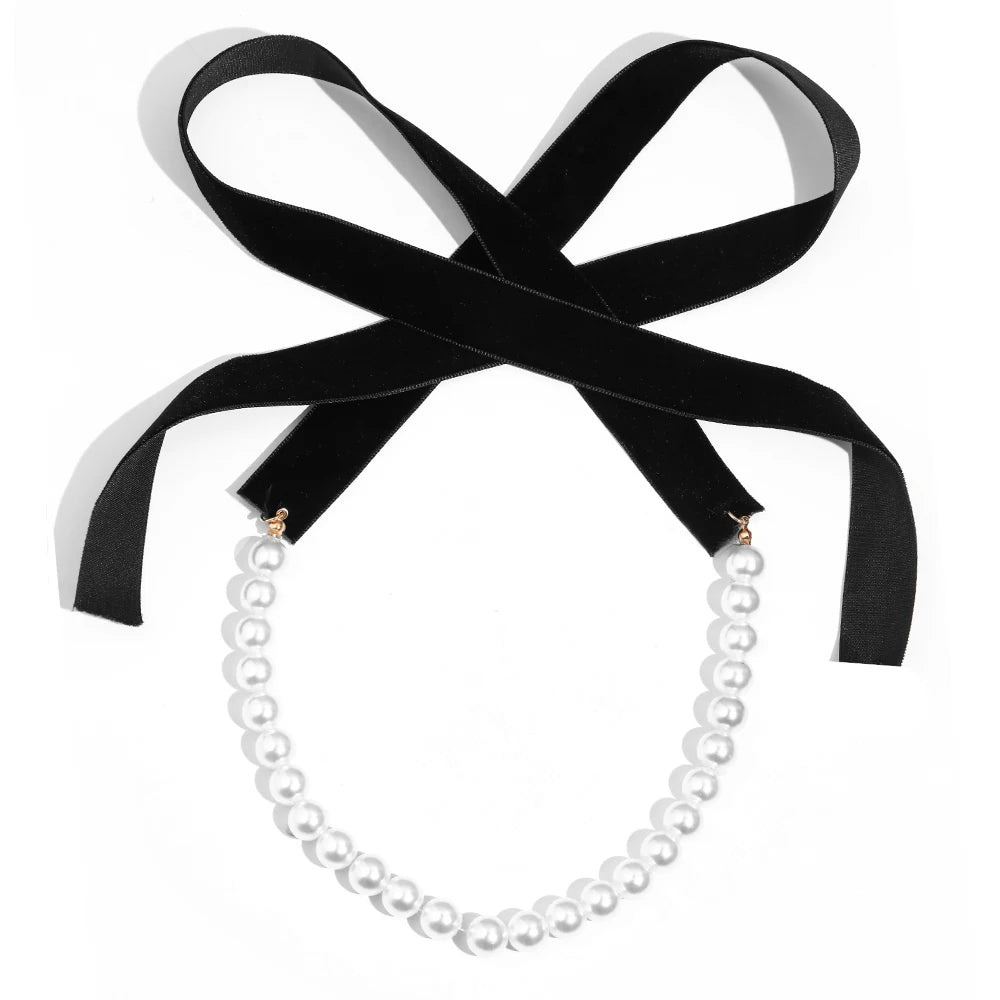 Punk Long Wide Black Velvet Ribbon Choker Bow Tie Simulated Pearl Beads Charm Collar Necklace Gothic Jewelry New Year Gifts-Dollar Bargains Online Shopping Australia