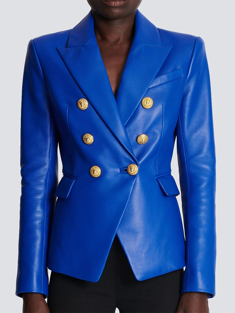 Jacket Women's Double Breasted Lion Buttons Slim Fitting Faux Leather Blazer-Dollar Bargains Online Shopping Australia