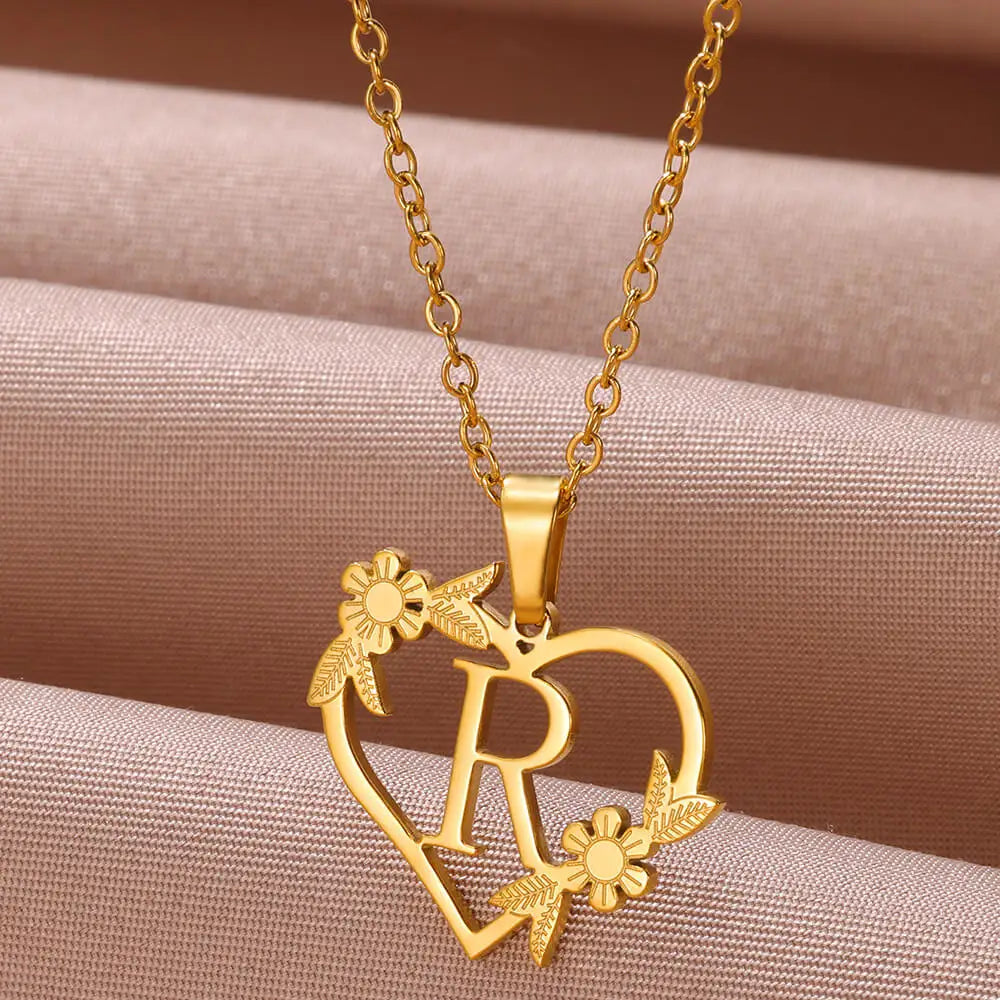 Gold Color Dainty Flower Initials Necklace Women Girl Stainless Steel Heart Letter Choker Necklace Best Gifts Alphabet Jewelry-Dollar Bargains Online Shopping Australia