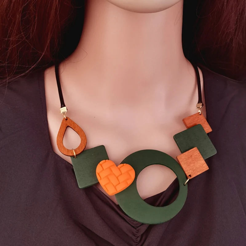 Geometric Wooden Pendant Ethnic Statement Bib Necklace for Women Handmade Maxi Necklaces Vintage Jewelry-Dollar Bargains Online Shopping Australia
