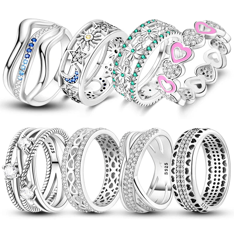 Sterling Silver Four Leaf Clover Star Moon Heart Rings For Women Sparkling Zircon Fine Wedding Engagement