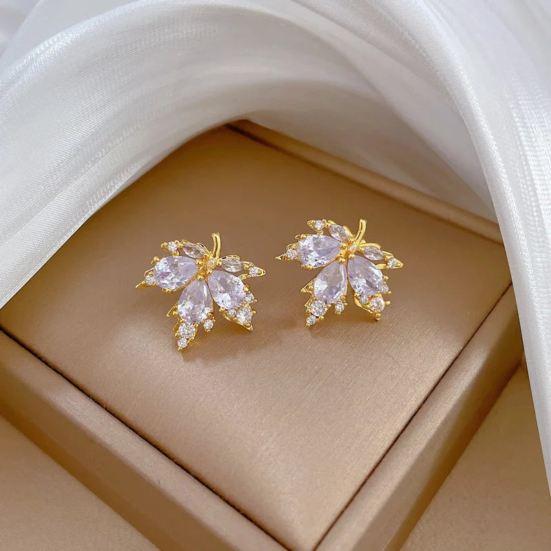 Fashion Micro-inlaid Necklace Earring Set Light Luxury Maple Leaf Personality Temperament Banquet Earrings Clavicle Chain-Dollar Bargains Online Shopping Australia