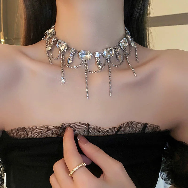 Geometric Square Crystal Choker Necklaces for Women Long Tassel Clavicle Chain Necklaces Statements Jewelry Gifts-Dollar Bargains Online Shopping Australia