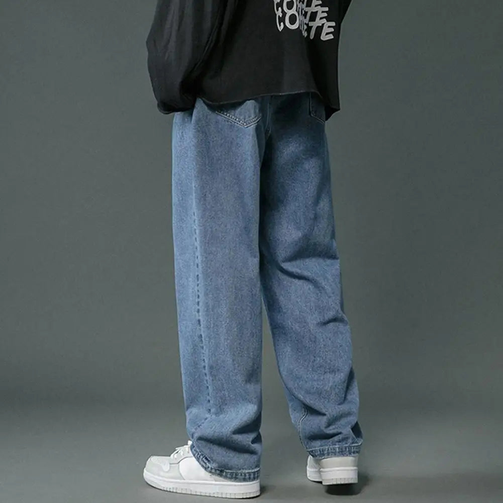 Men Spring Autumn Denim Pants Wide Leg Casual Trousers Mid-rise Solid Color Pockets Hip Hop Style Washed Loose Jeans
