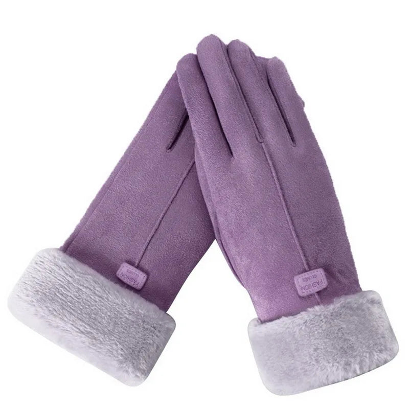 Cashmere Warm Suede Leather Cycling Mittens Double Thick Velvet Plush Wrist Women Touch Screen Driving Gloves-Dollar Bargains Online Shopping Australia