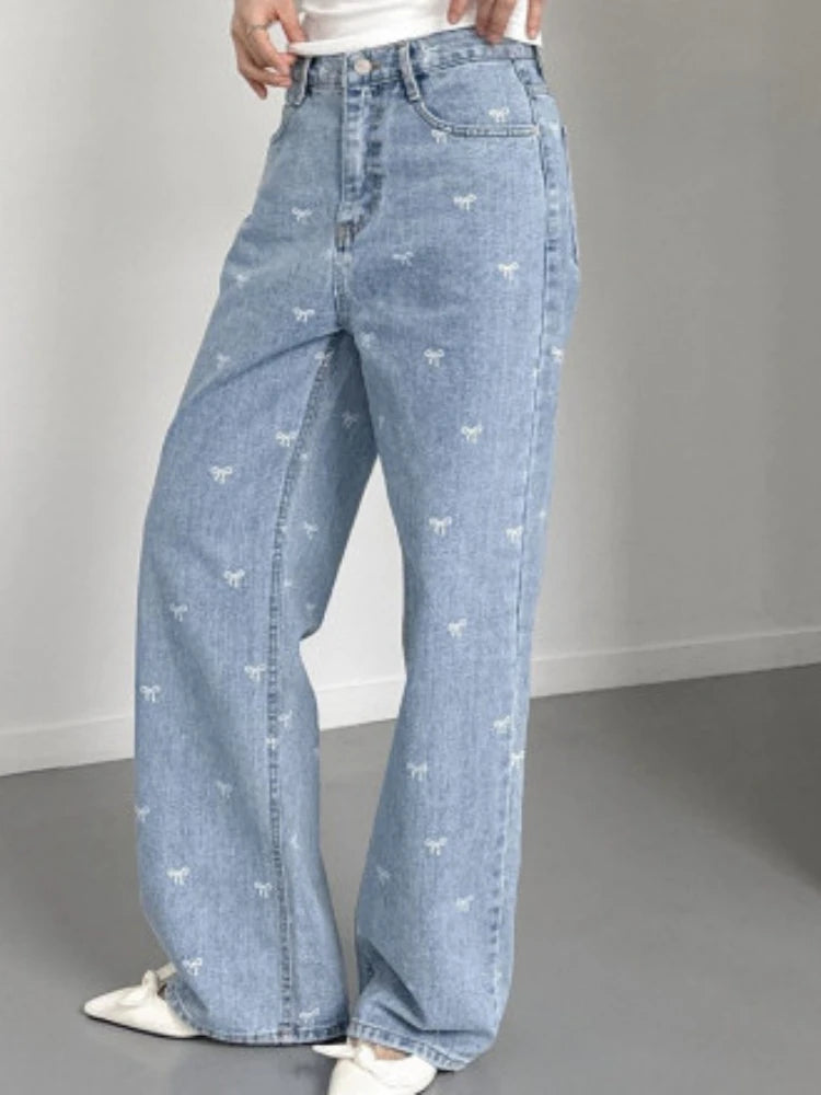 Women Light Blue Jeans Pant Korean Baggy Bow Decorated High Waisted Straight Leg Long Pant Female Casual Printed Button Trousers-Dollar Bargains Online Shopping Australia