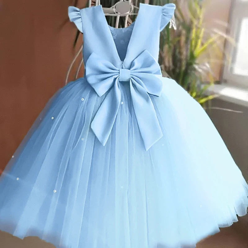 Toddler Girl Flower Birthday Tulle Dress Backless Bow Wedding Gown Kids Party Wear Princess Blue Dress Baby Girl Bowknot Dresses-Dollar Bargains Online Shopping Australia