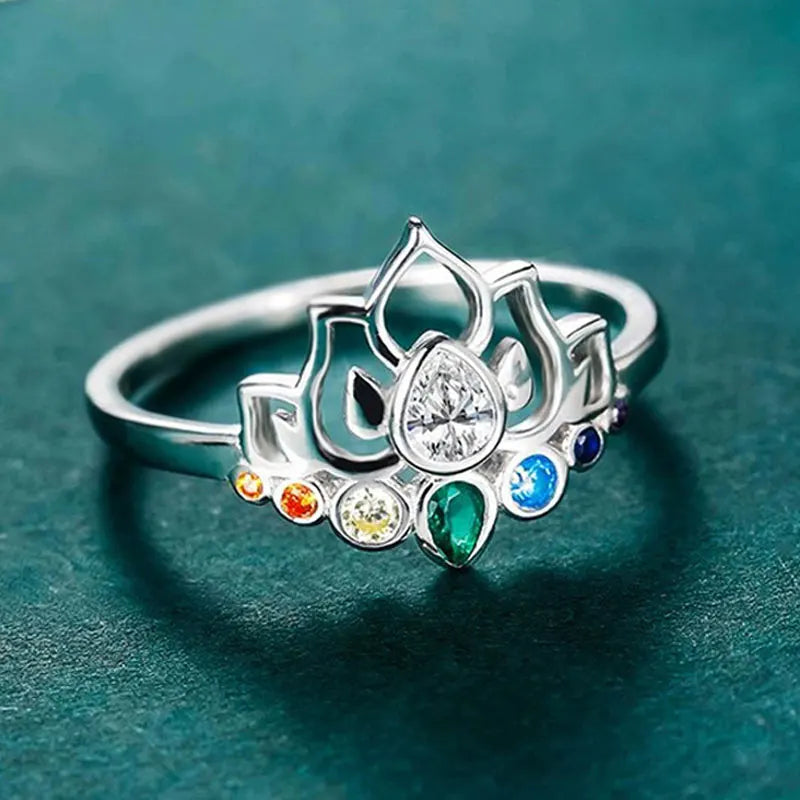 Lotus Flower Boho Colorful Yoga Rings 7 Chakras Rings for Women Healing Rainbow Crystals Amulet Jewelry Gifts
