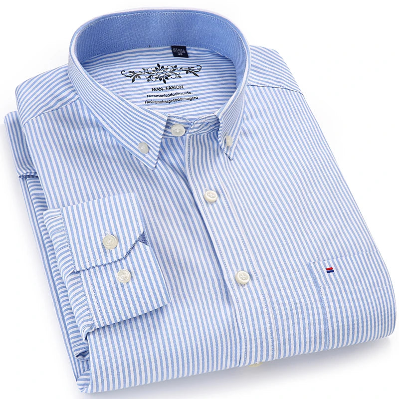 Men's Long Sleeve Oxford Plaid Striped Casual Shirt Front Patch Chest Pocket Regular-fit Button-down Collar Thick Work Shirts-Dollar Bargains Online Shopping Australia